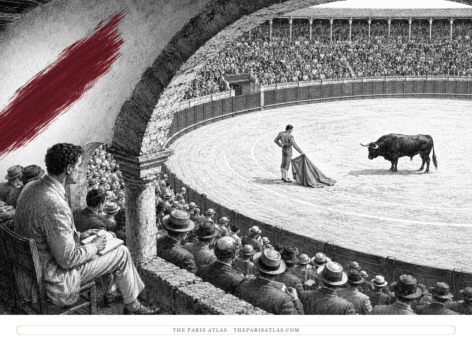 A matador and bull hold apart in a Spanish ring observed from beneath an arch and a dark-red diagonal brushstroke.
