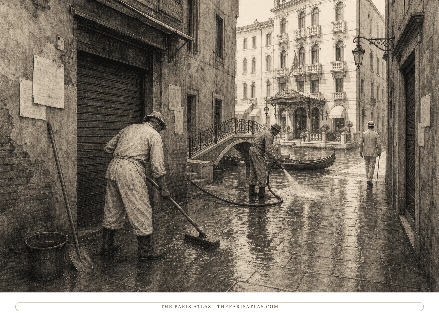 Graphite illustration of two municipal workers washing a narrow Venetian lane while a hotel guest walks toward a bright resort facade
