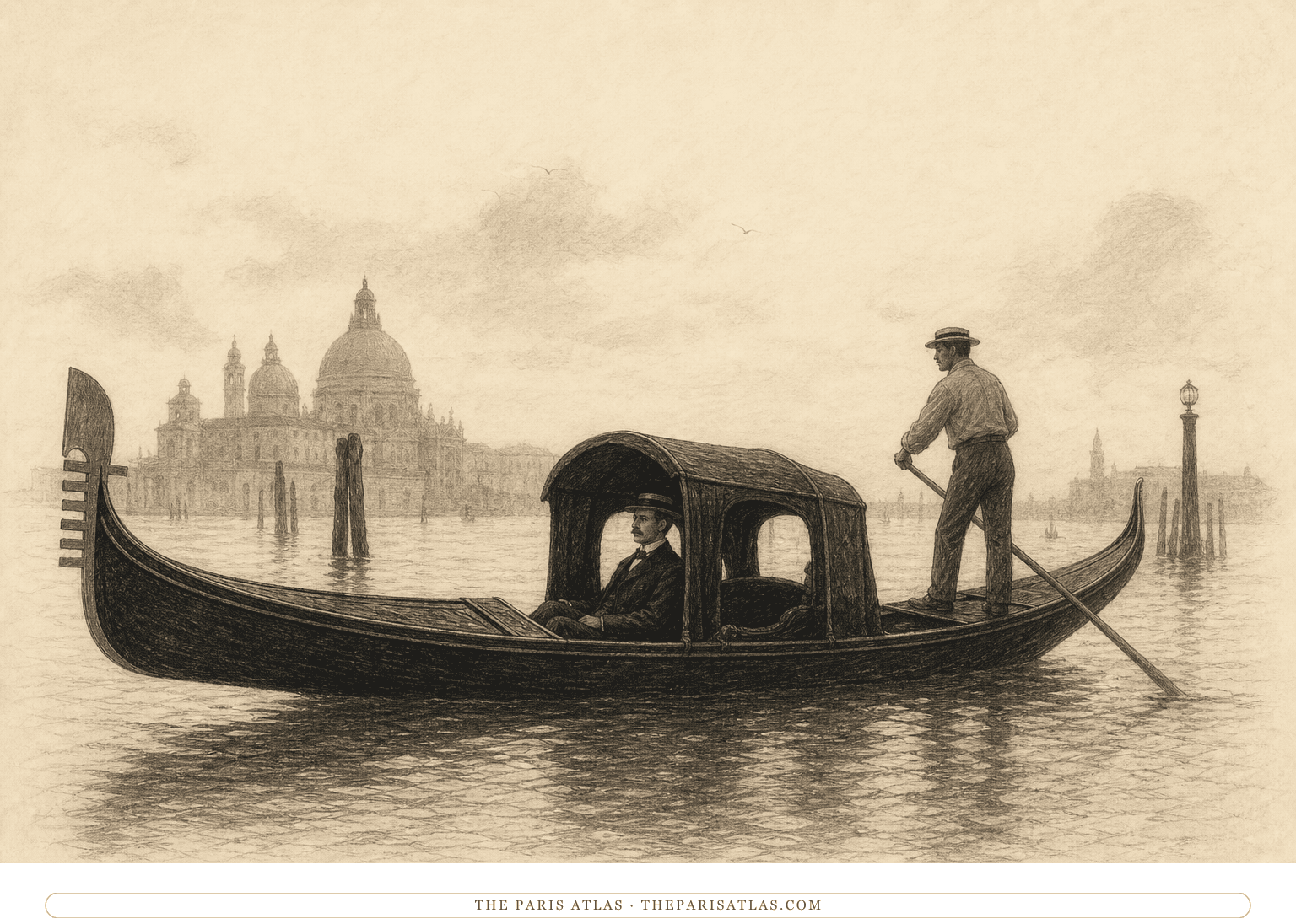 Graphite illustration of Gustav von Aschenbach seated under the canopy of a black gondola while an unnamed gondolier rows across the hazy Venetian lagoon