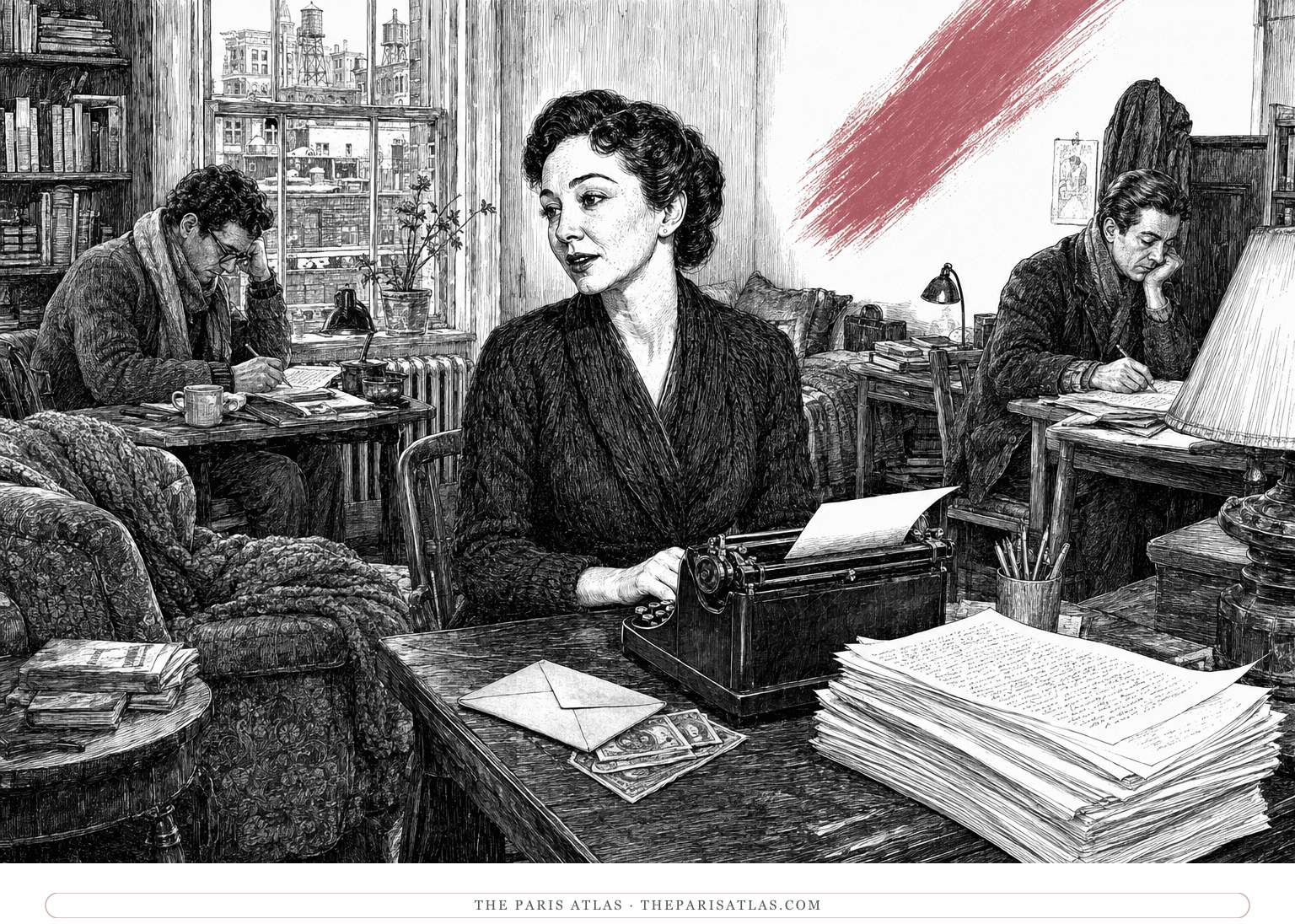 Anaïs Nin types among other working writers, an anonymous envelope and payment beneath a raspberry diagonal brushstroke.