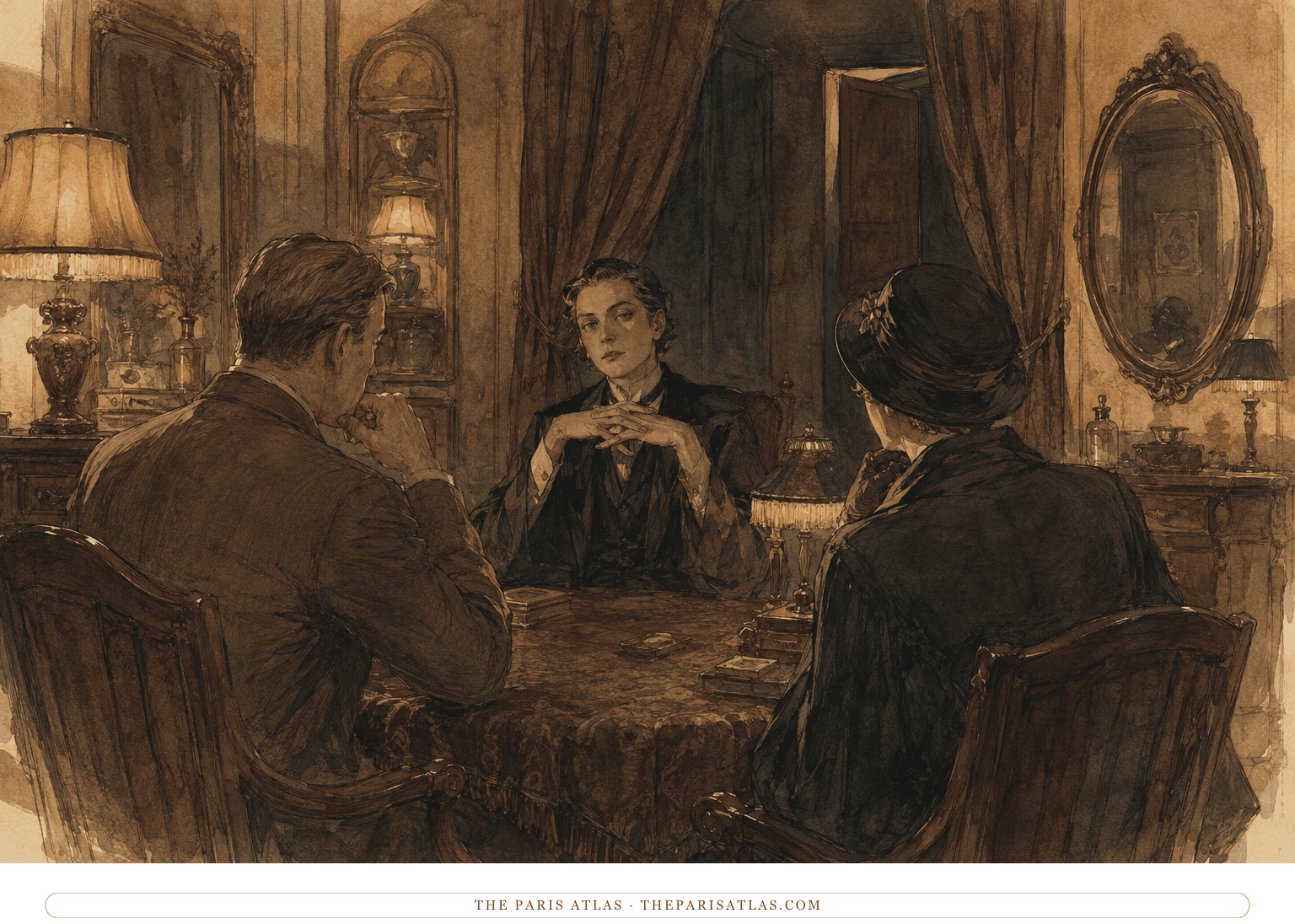 Kazmah receives visitors in a dim London fortune-telling room whose curtains and concealed door suggest hidden architecture
