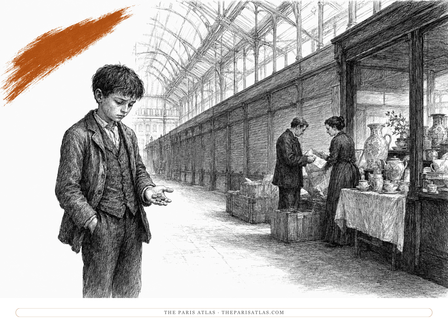 A boy looks down at the coins in his hand as bazaar attendants pack ceramics beside shuttered stalls, beneath a burnt-sienna brushstroke.