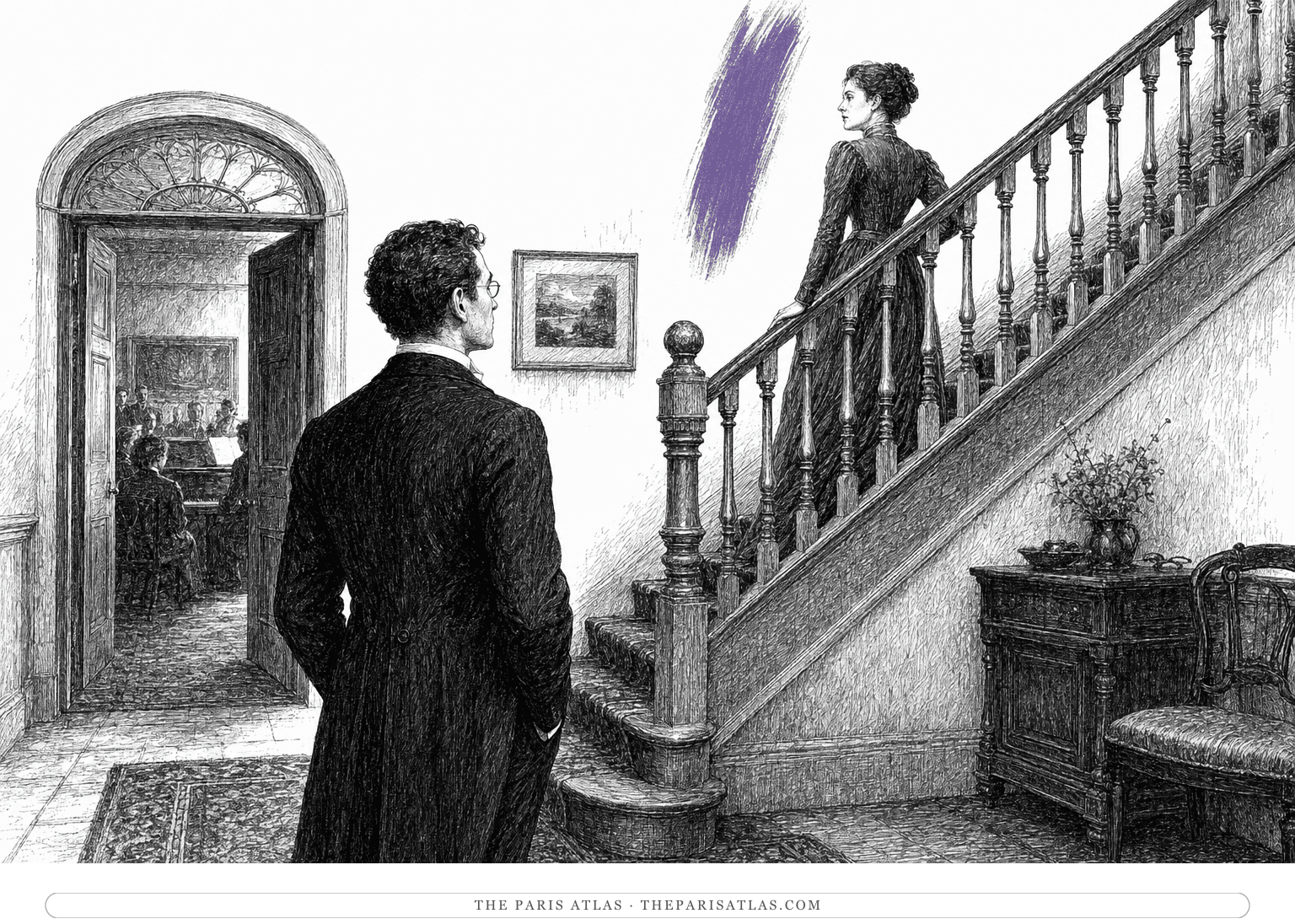 Gretta pauses on a staircase to listen while Gabriel watches from the hallway below, with a violet brushstroke beside the stair wall.