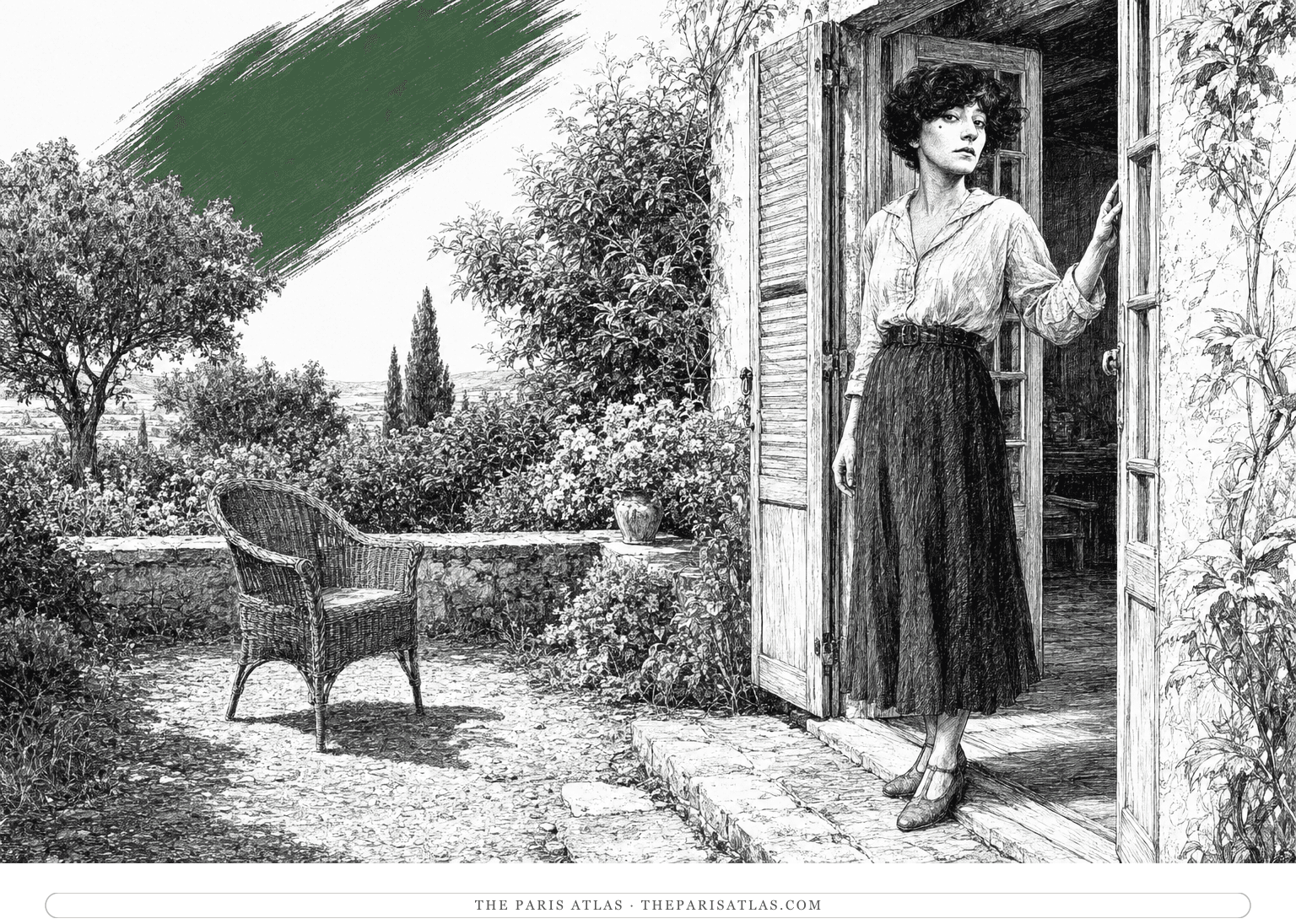 Alice stands in an open garden doorway beside an empty wicker chair on the terrace, with a green diagonal brushstroke above the trees.