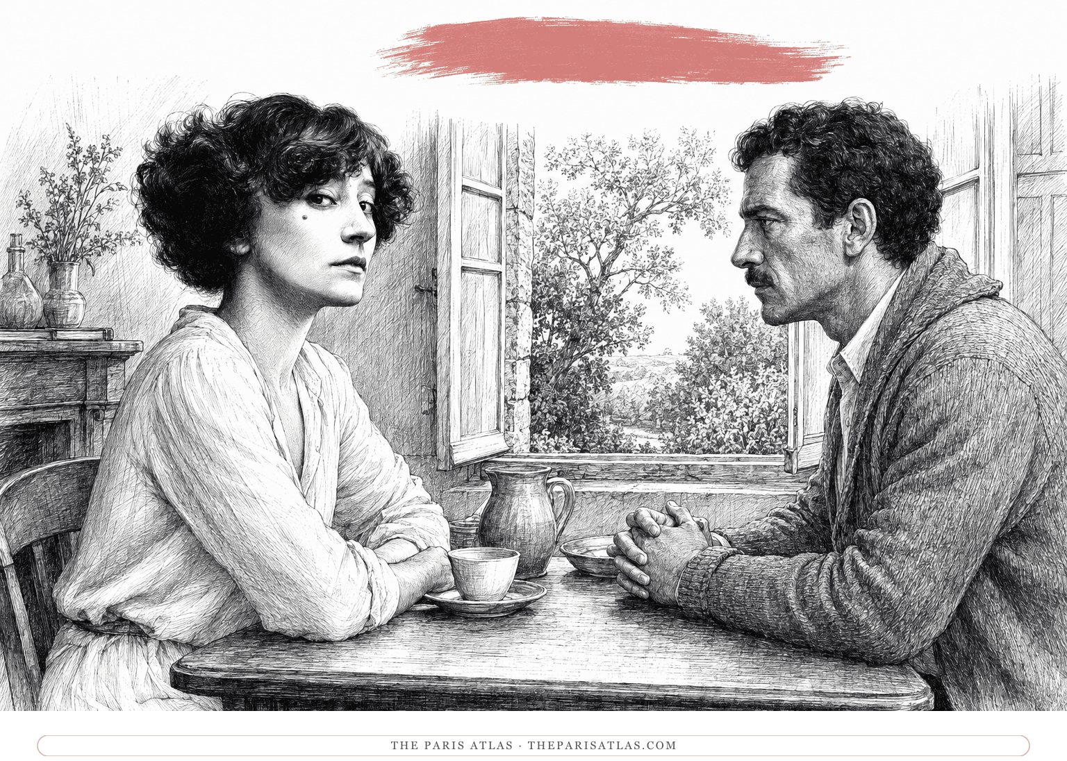 Alice and Michel sit across a small table beside an open country-house window, his hands clasped, with a horizontal coral brushstroke above.