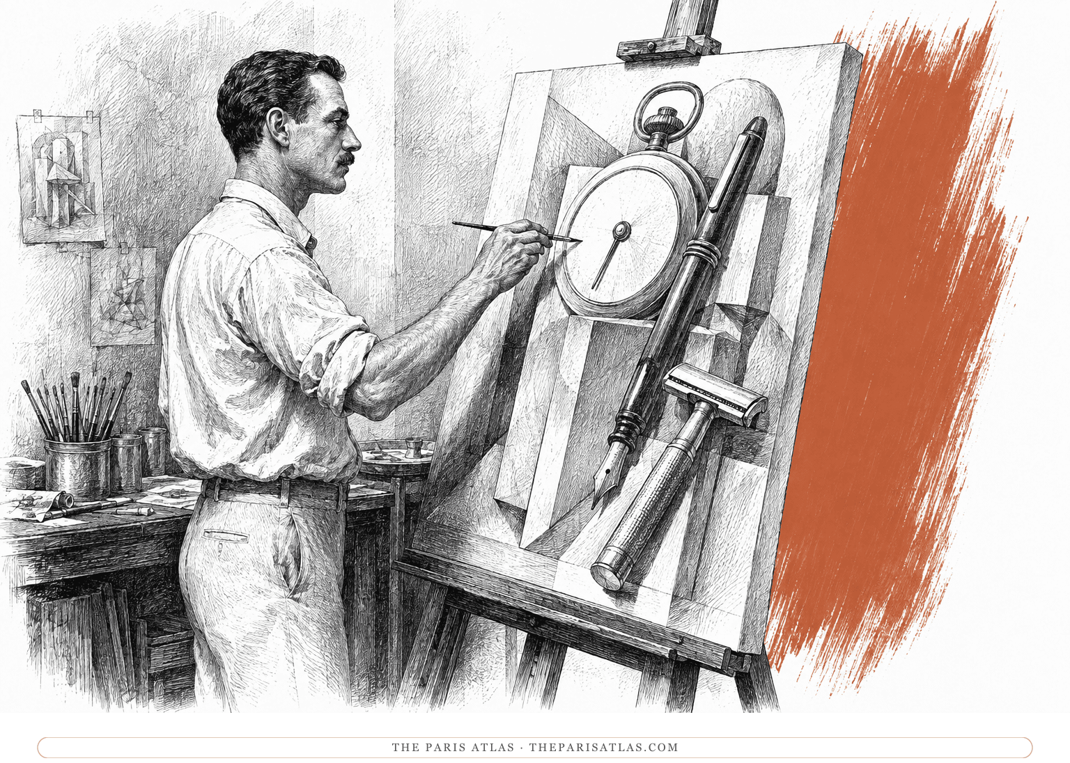 A painter stands beside an easel showing enlarged everyday objects, with a near-vertical terracotta brushstroke behind the canvas.