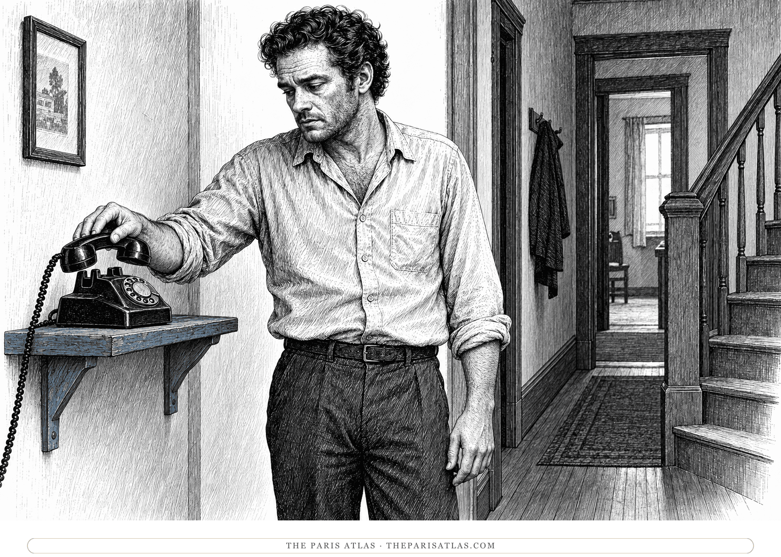 Chinaski lowers a corded telephone receiver toward its cradle.
