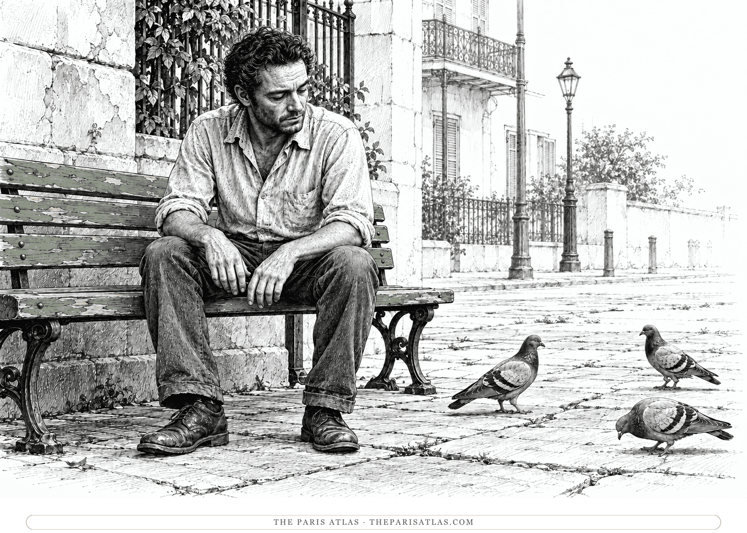 Chinaski sits on a bench, watching pigeons on the pavement.