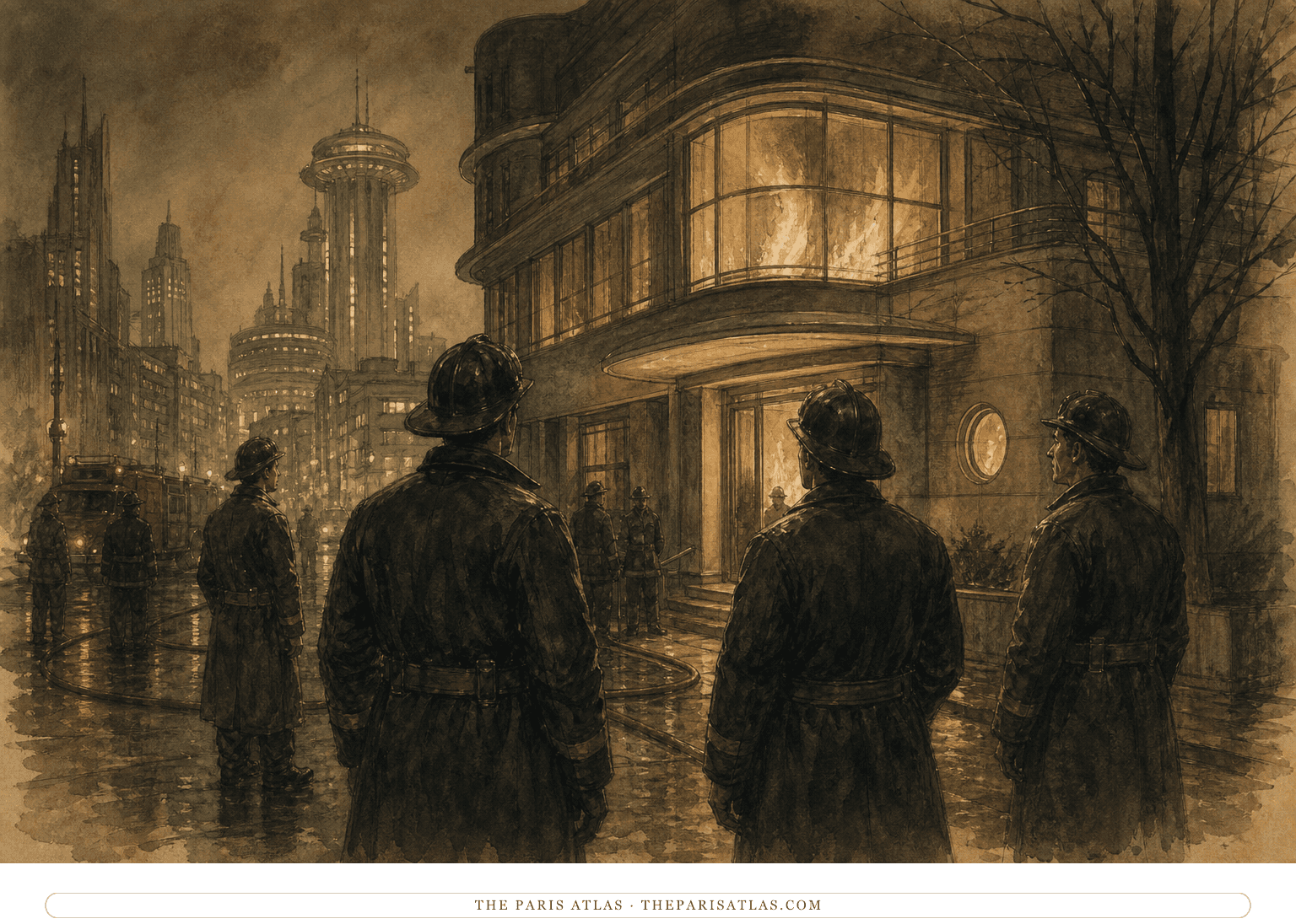 Uniformed adult firemen stand before a book-filled house glowing with controlled flames on a future city street