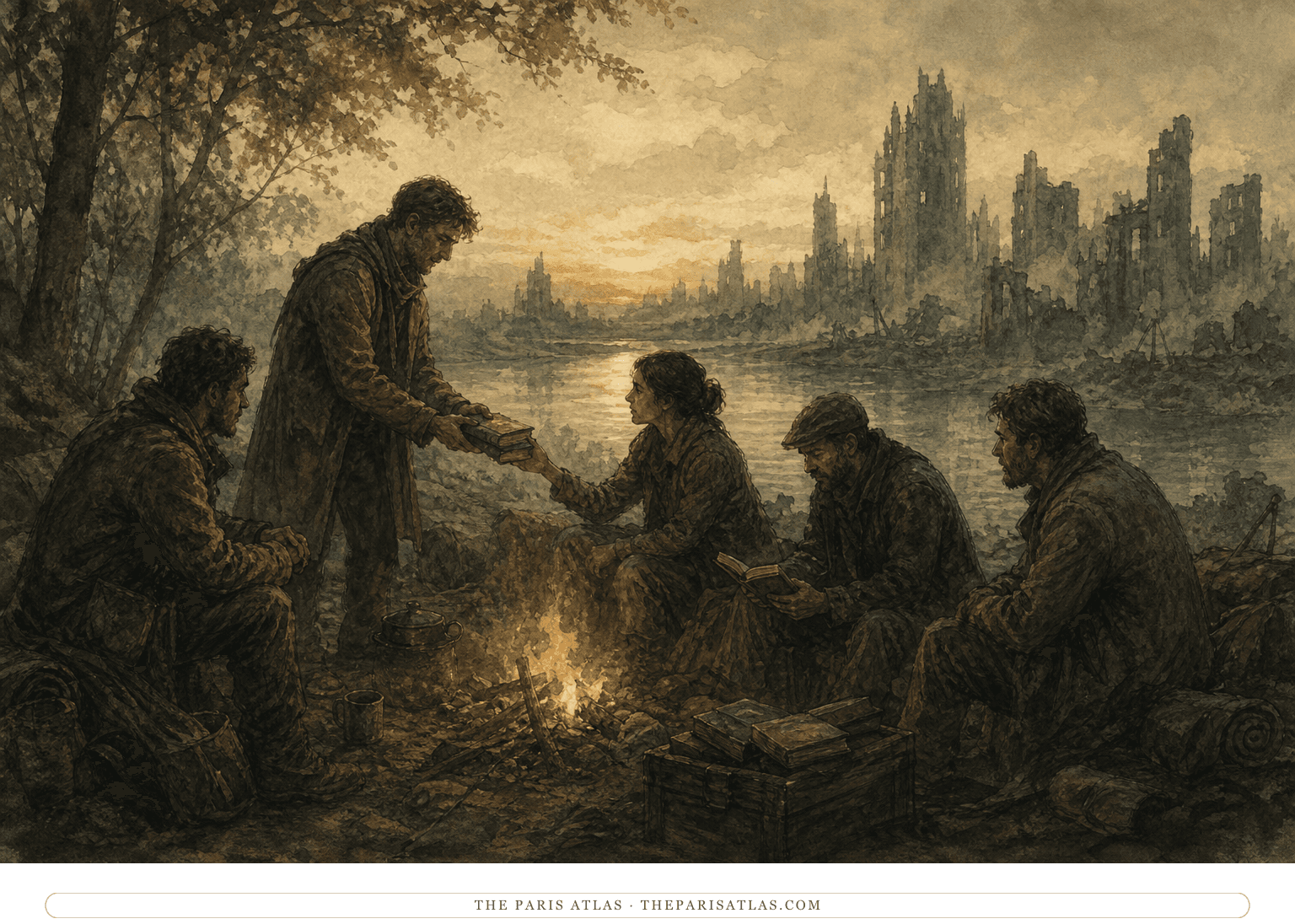 Adult wanderers gather beside a river at dawn and share remembered books near a small campfire