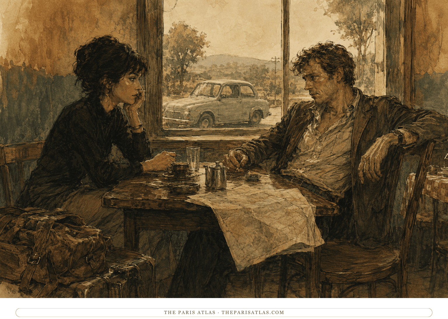 Isadora Wing and Adrian Goodlove sit in a cluttered European roadside café as their romantic journey loses its glamour