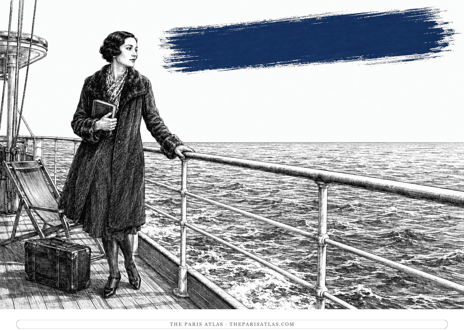 Anaïs Nin holds a journal at a ship’s rail overlooking open sea, with a broad navy brushstroke across the white sky.