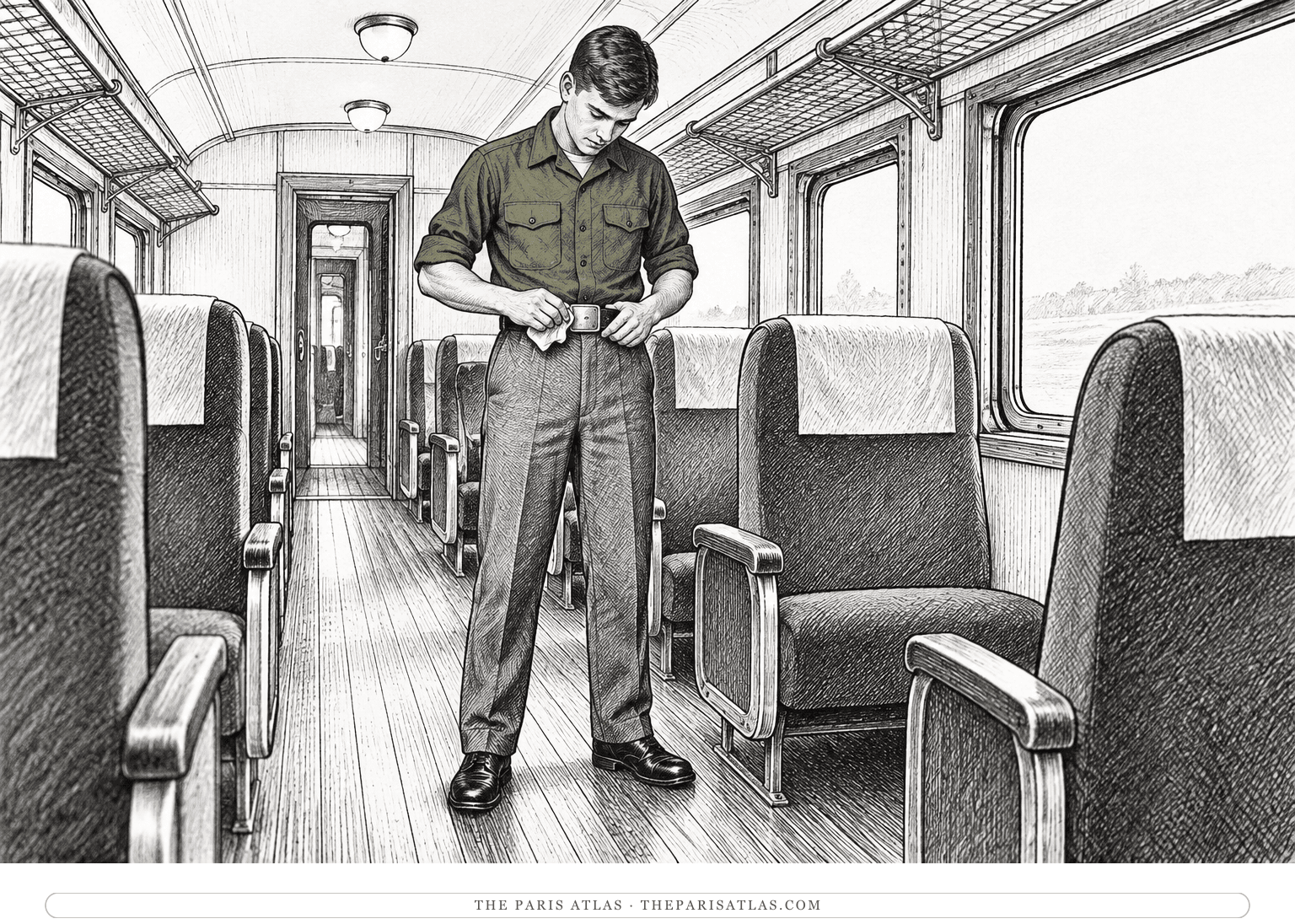 A young adult Marine polishes his belt buckle in a train aisle.