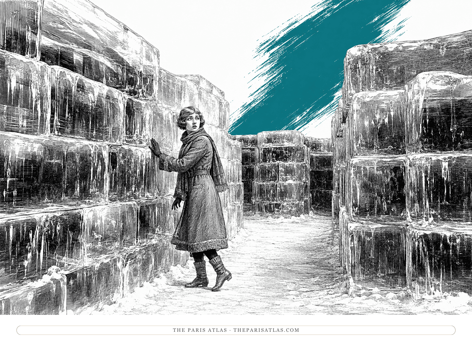 A young woman in a winter coat stands alone between tall ice-block walls, with a steep teal brushstroke above the passage.