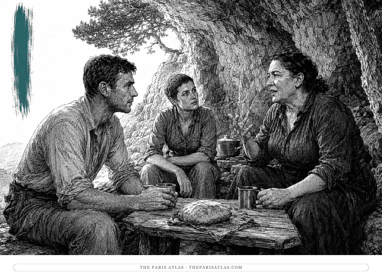 Pilar speaks with Robert Jordan and the short-haired Maria beside a cave entrance, with cups and bread on a rough table and a vertical teal brushstroke.