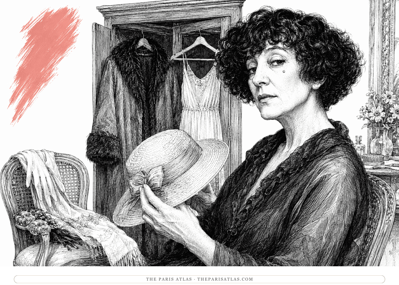 Colette holds a light hat beside a wardrobe containing a heavy coat and a summer dress, with a coral brushstroke at the side.