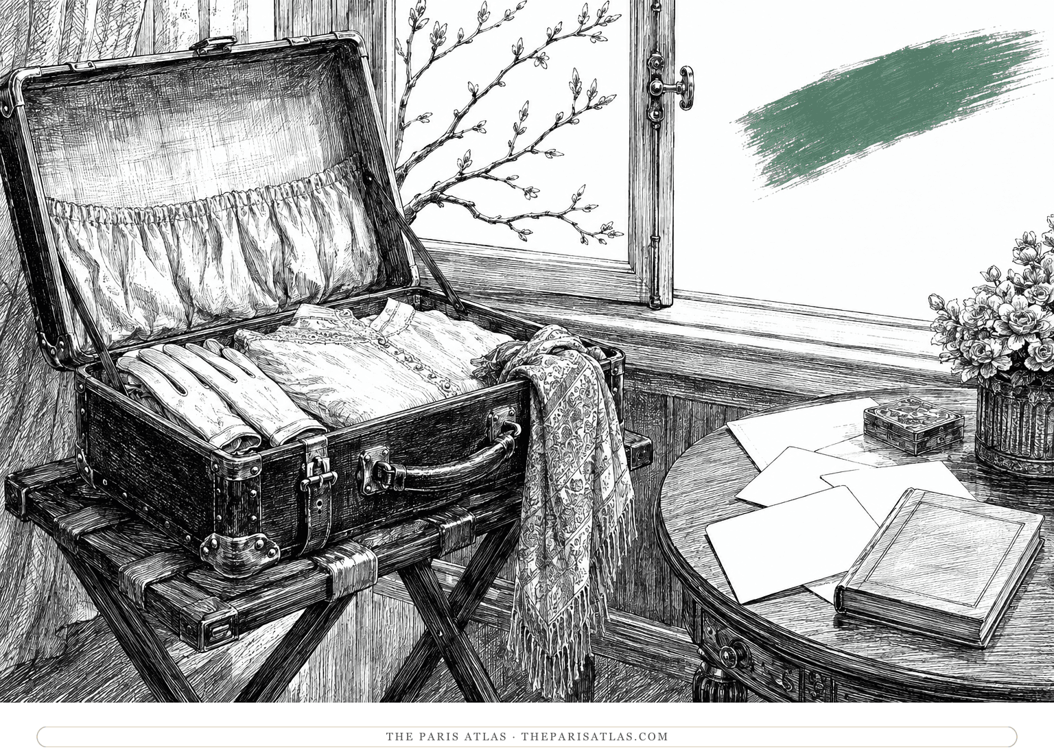 A leather valise holds folded clothes and gloves beside blank invitation cards and a book, with budding branches and a green brushstroke beyond.