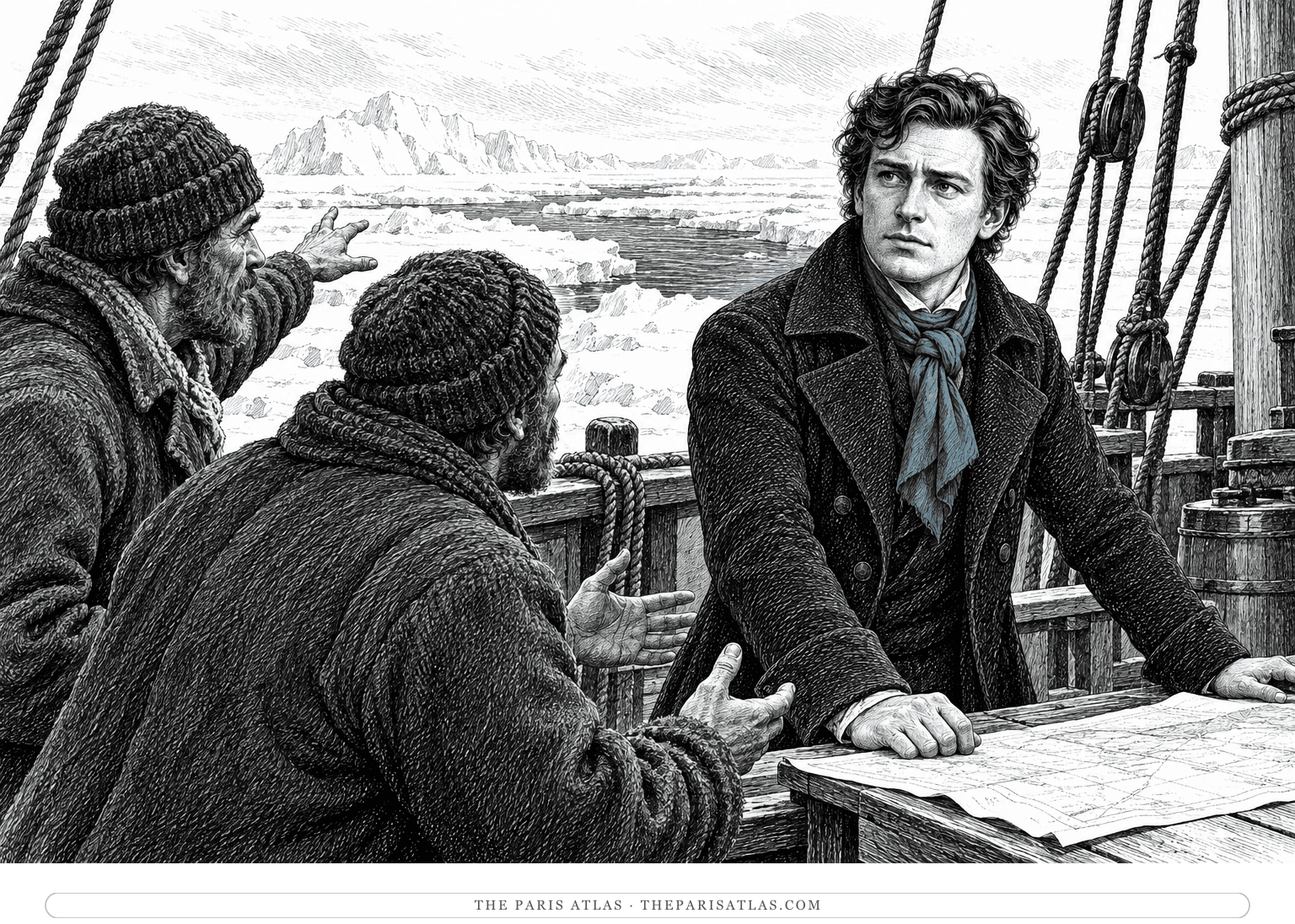 Ink illustration of Robert Walton listening to two sailors on an Arctic ship, with a slate-blue scarf and an opening in the ice behind them.