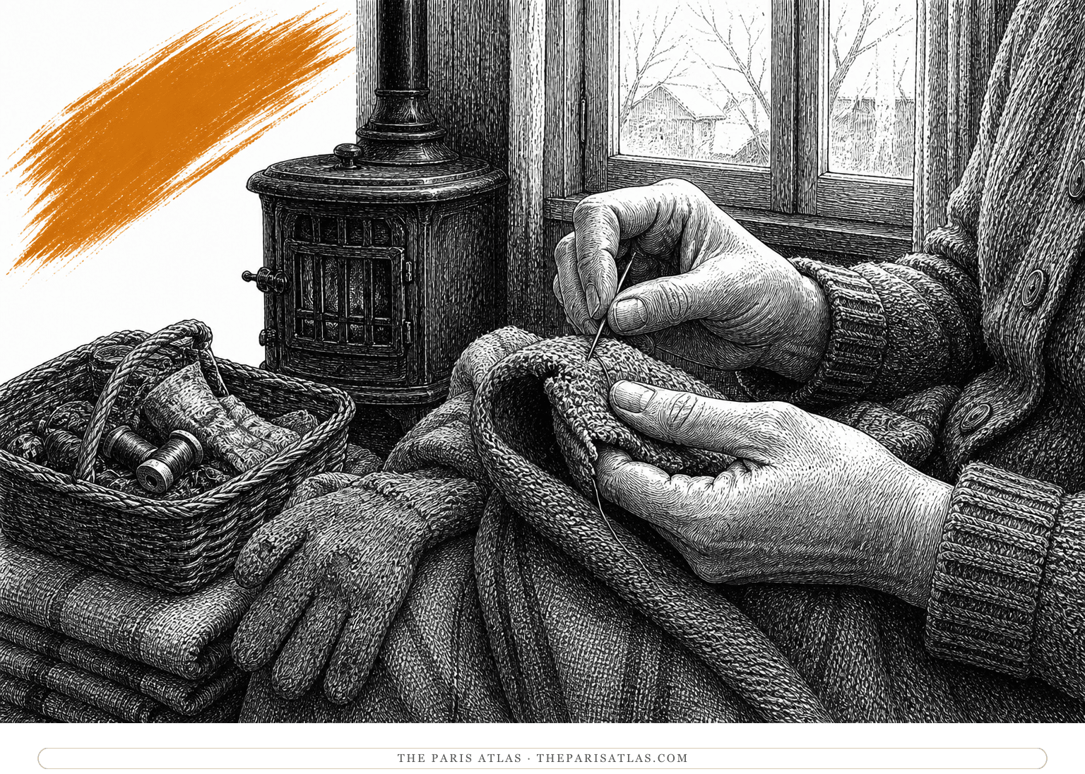 Hands mend a worn wool garment beside a sewing basket, layered blankets and a small stove, beneath an orange diagonal brushstroke.