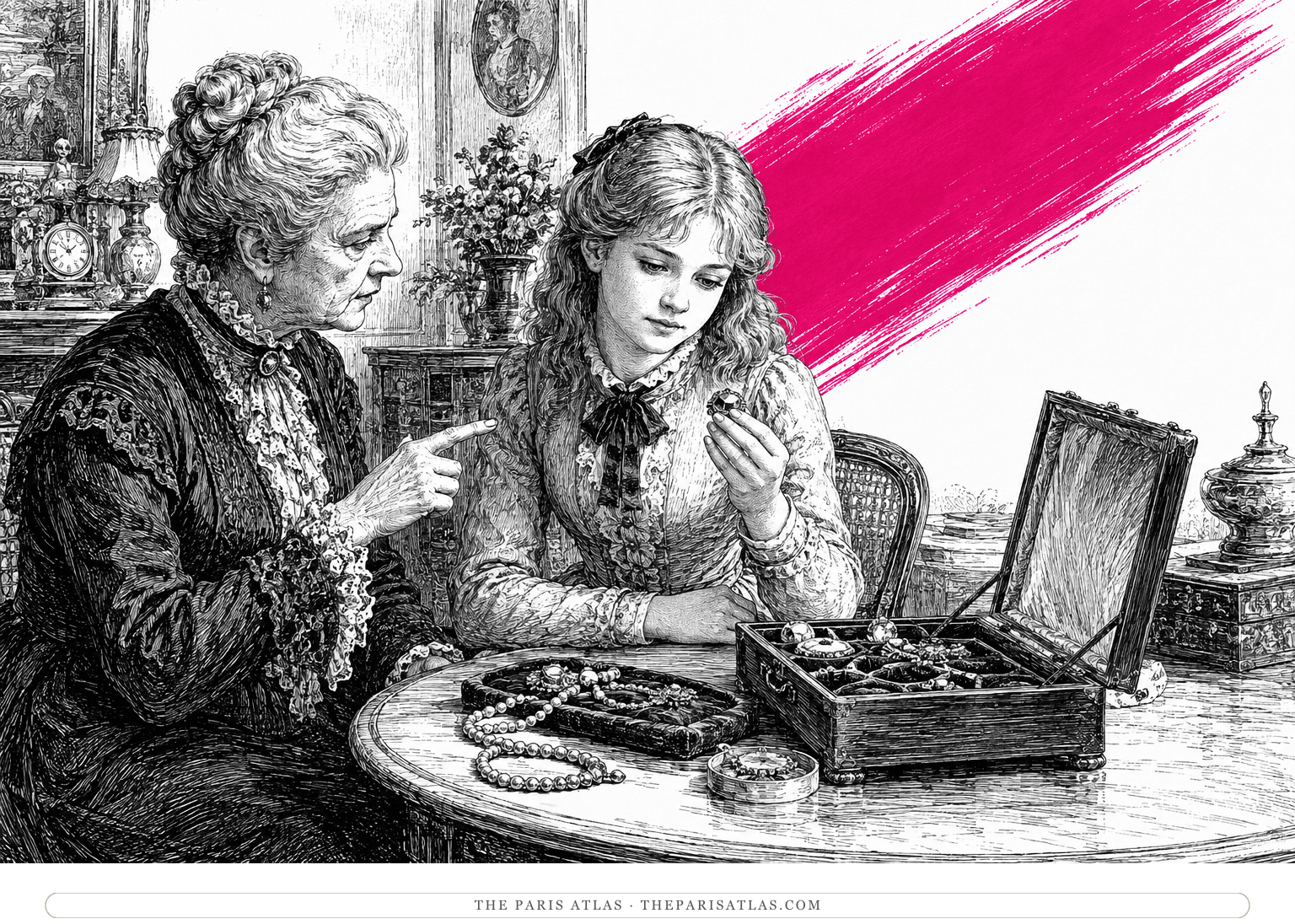 Gigi studies a gemstone under Aunt Alicia’s instruction beside a vivid magenta diagonal brushstroke.