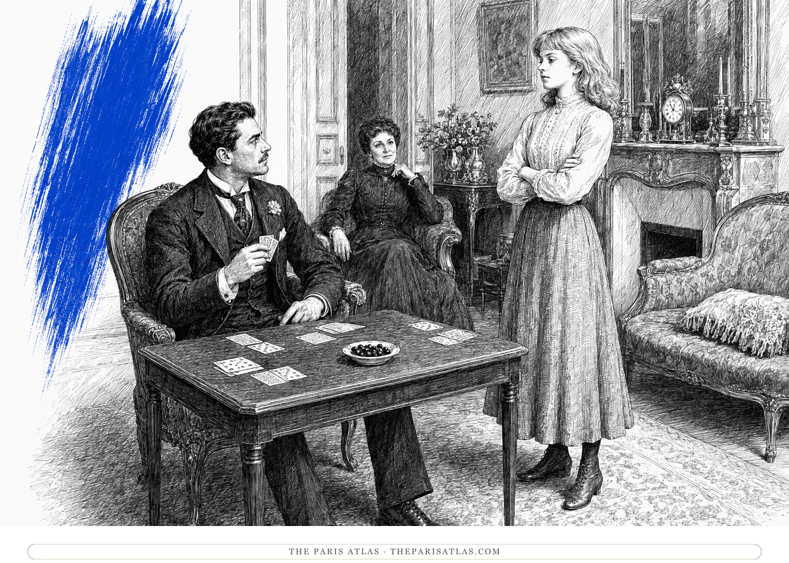 Gigi stands firmly across the card table from Gaston beside a cobalt-blue vertical brushstroke.