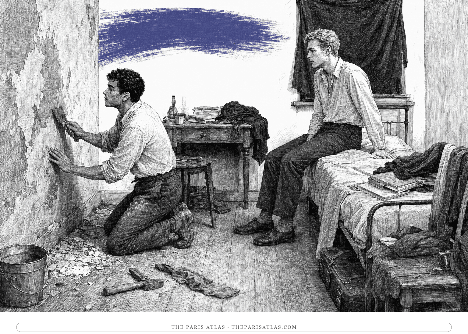 One young man works beside a damaged wall while another sits on an unmade bed in a cramped room, beneath a horizontal indigo brushstroke.