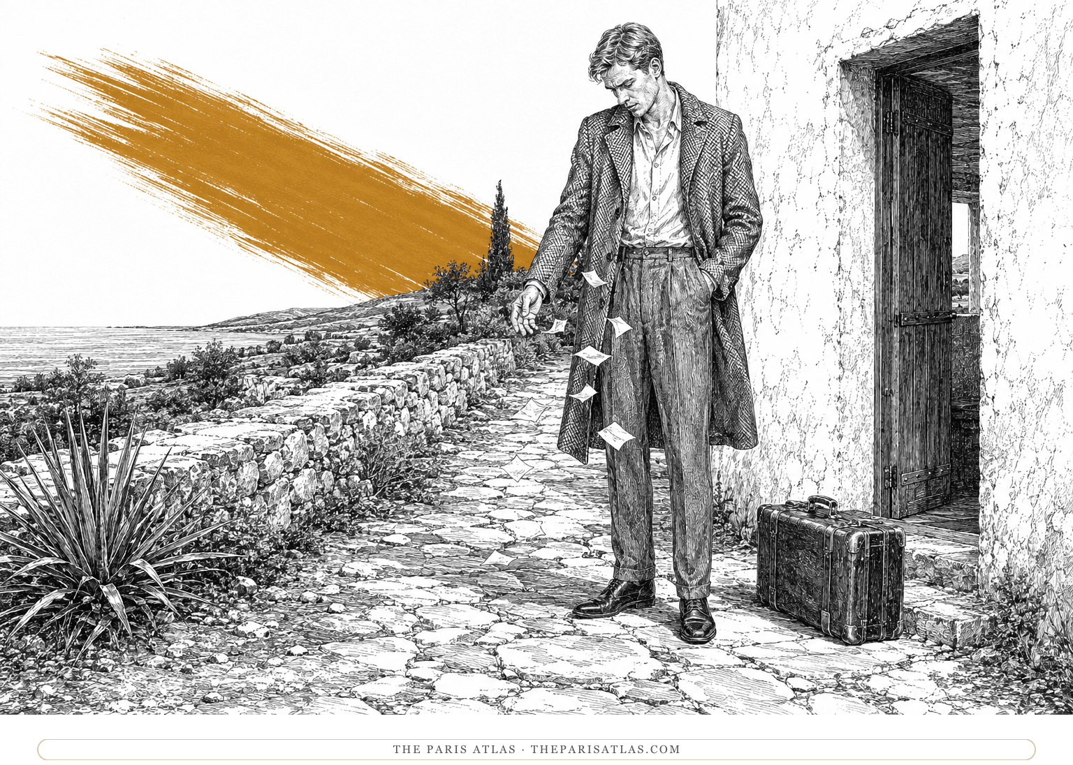 A solitary man stands beside a suitcase outside a house as torn paper blows toward him, beneath a descending ochre brushstroke.