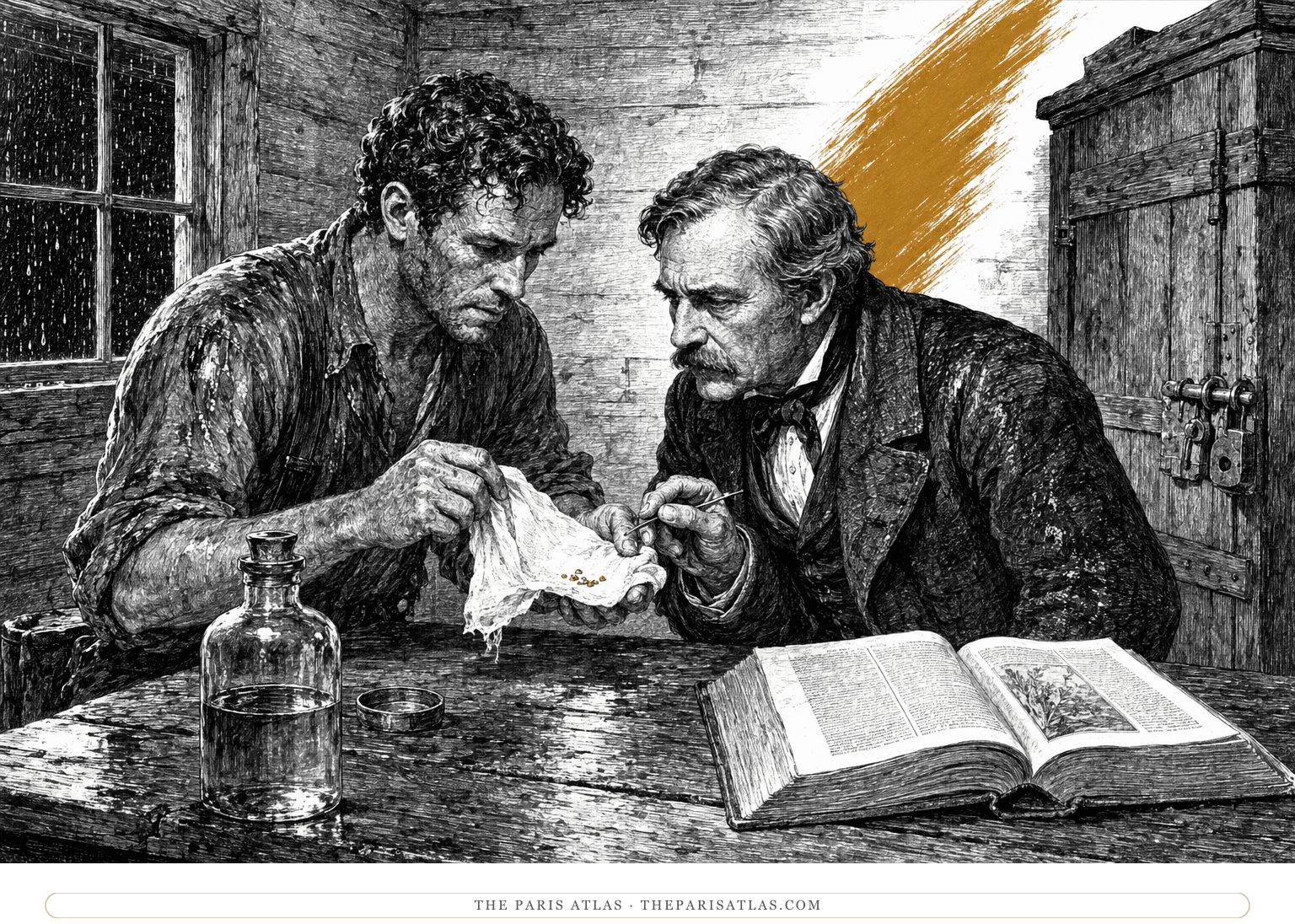 Marshall and Sutter test tiny gold grains in a locked room beside a steep ochre brushstroke.