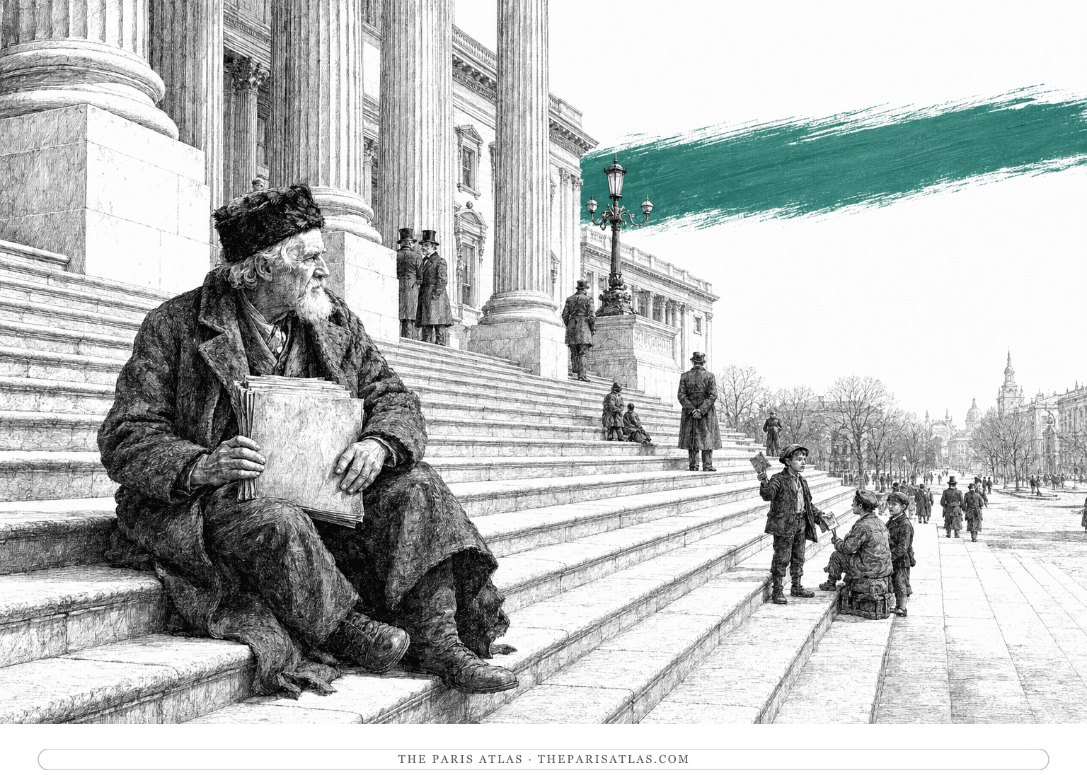 An elderly Sutter waits with his claims on the Capitol steps beneath a verdigris horizontal brushstroke.