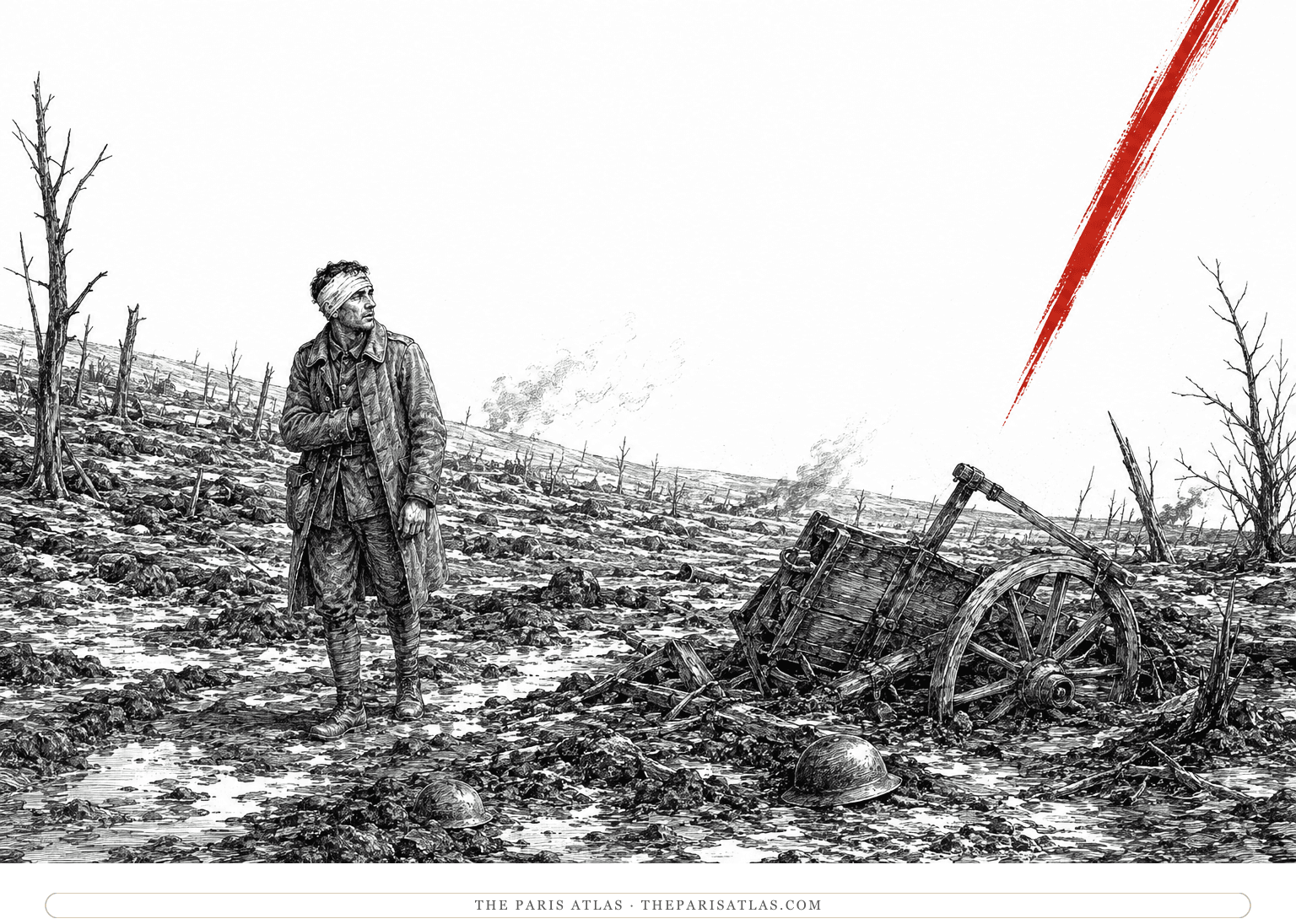 Wounded Ferdinand stands disoriented on an emptied battlefield beside a narrow red descending brushstroke.