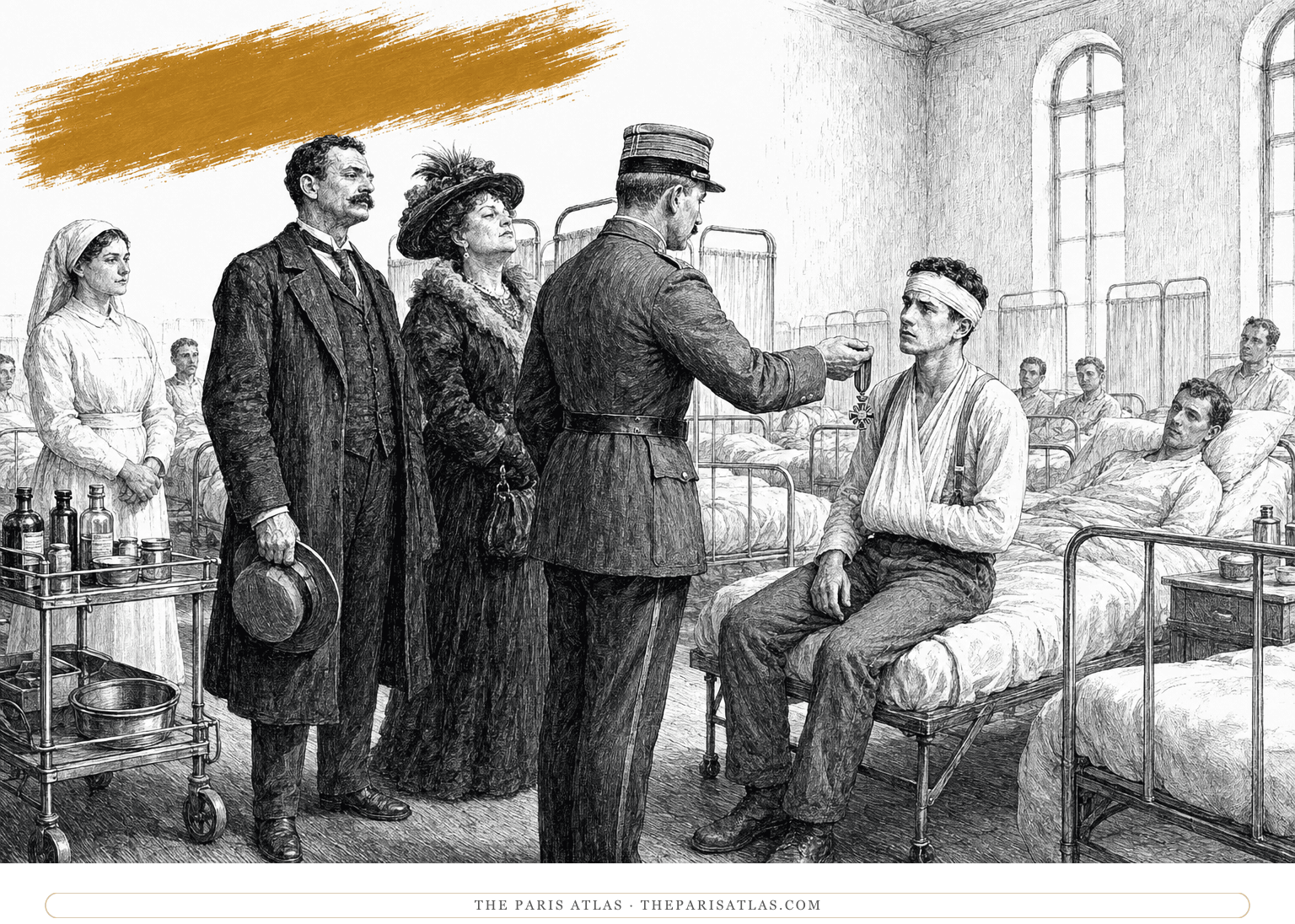 An officer presents wounded Ferdinand with a medal as his parents watch beneath a mustard horizontal brushstroke.