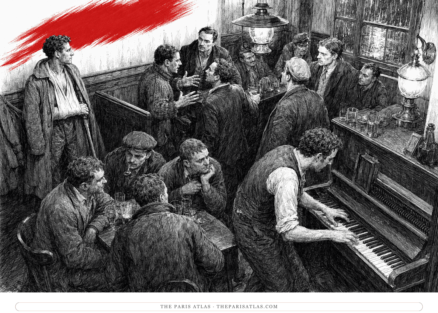 Boro pounds an upright piano in a packed London pub beneath a scarlet diagonal brushstroke.