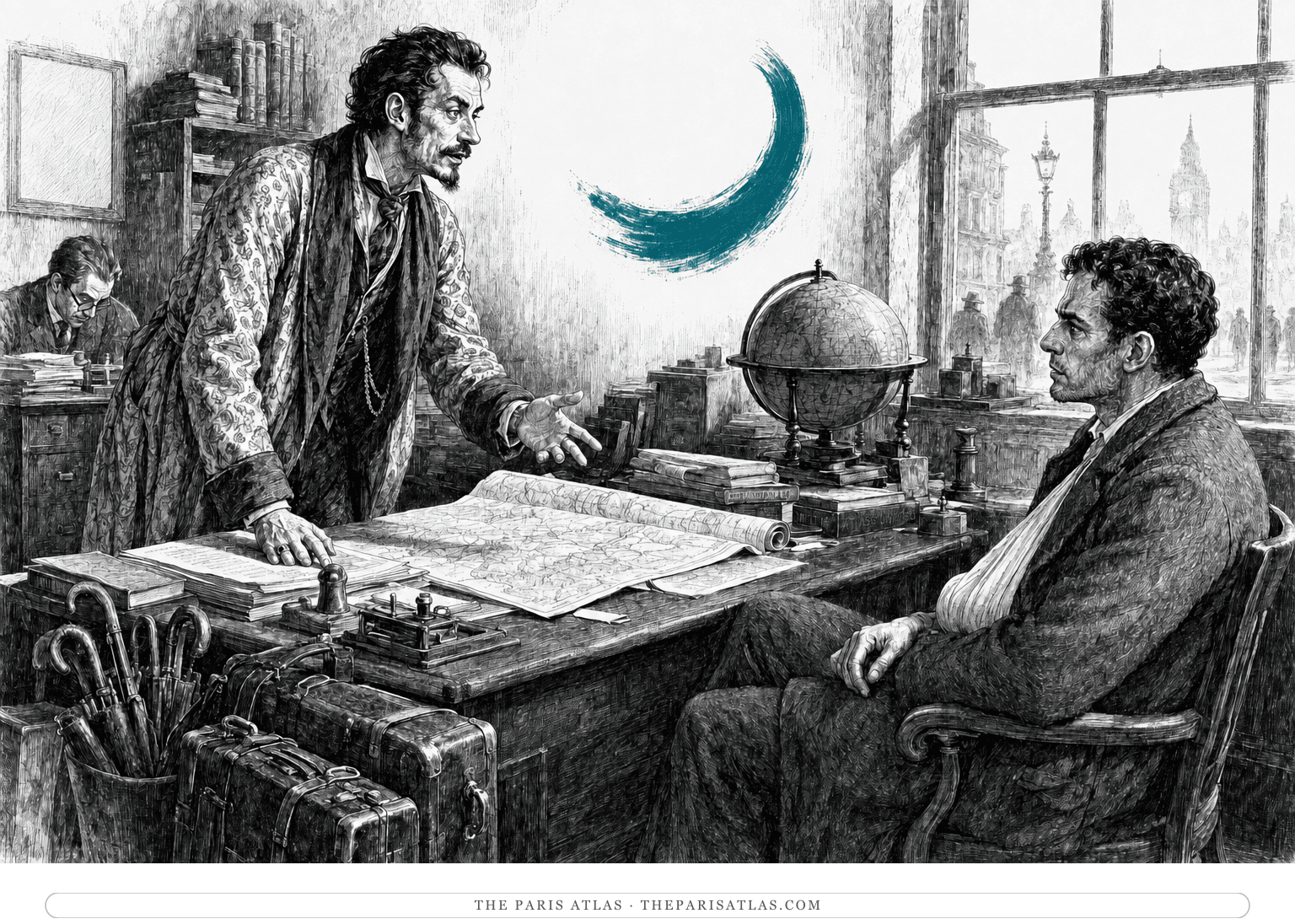 Sosthène gestures over maps while Ferdinand listens beneath a teal crescent brushstroke.