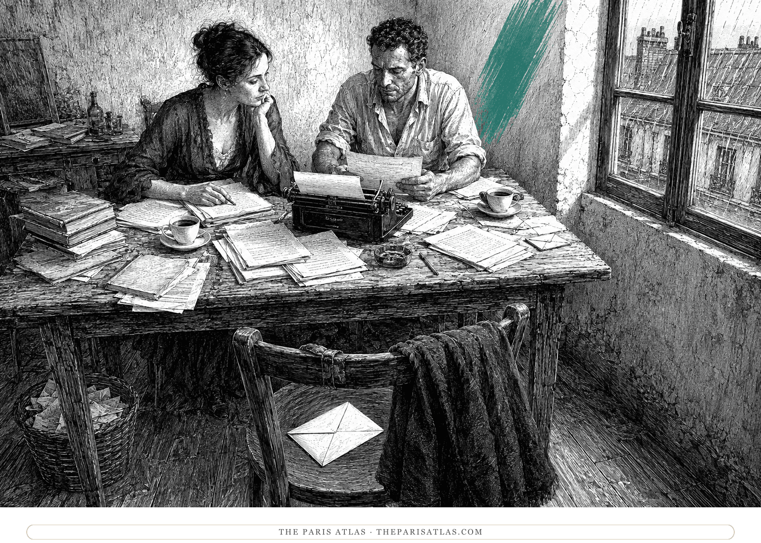 Nin and Miller work over manuscript pages while June’s cape hangs on an empty chair beside a sea-green rising brushstroke.