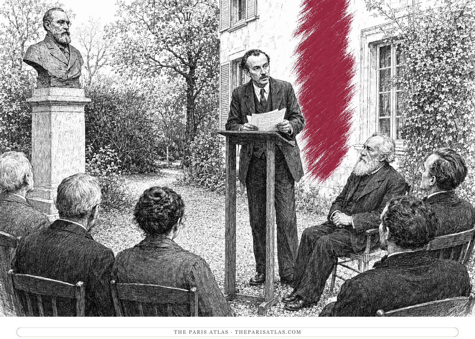 A writer delivers an outdoor speech beside Zola’s house and a vertical dark-carmine brushstroke.