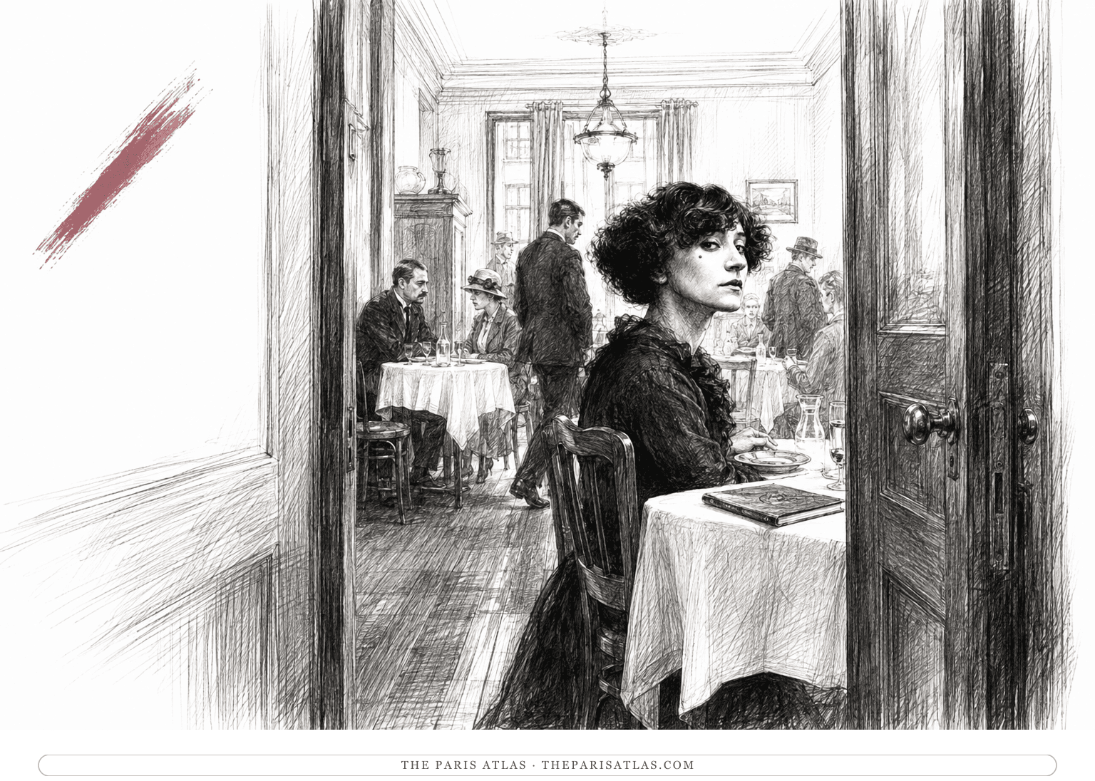 The Colette-faced narrator watches a strained couple across a provincial hotel dining room beneath a plum brushstroke.