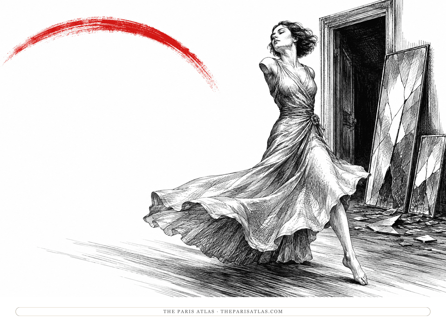 An armless dancer turns away from broken mirrors beneath a sweeping vermilion brushstroke.