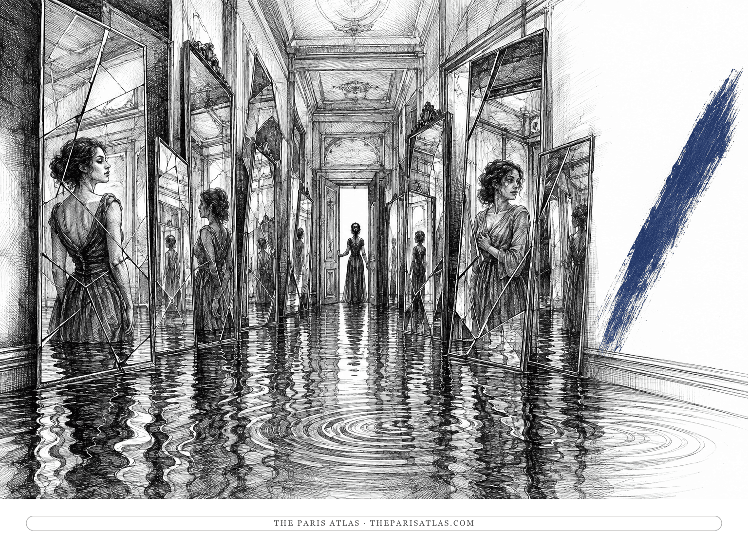 Female doubles repeat through a flooded corridor of broken mirrors beside an indigo brushstroke.