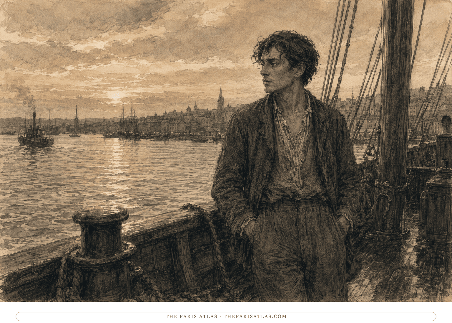 An exhausted young deckhand stands on a departing ship at dusk while Kristiania recedes across the water behind him