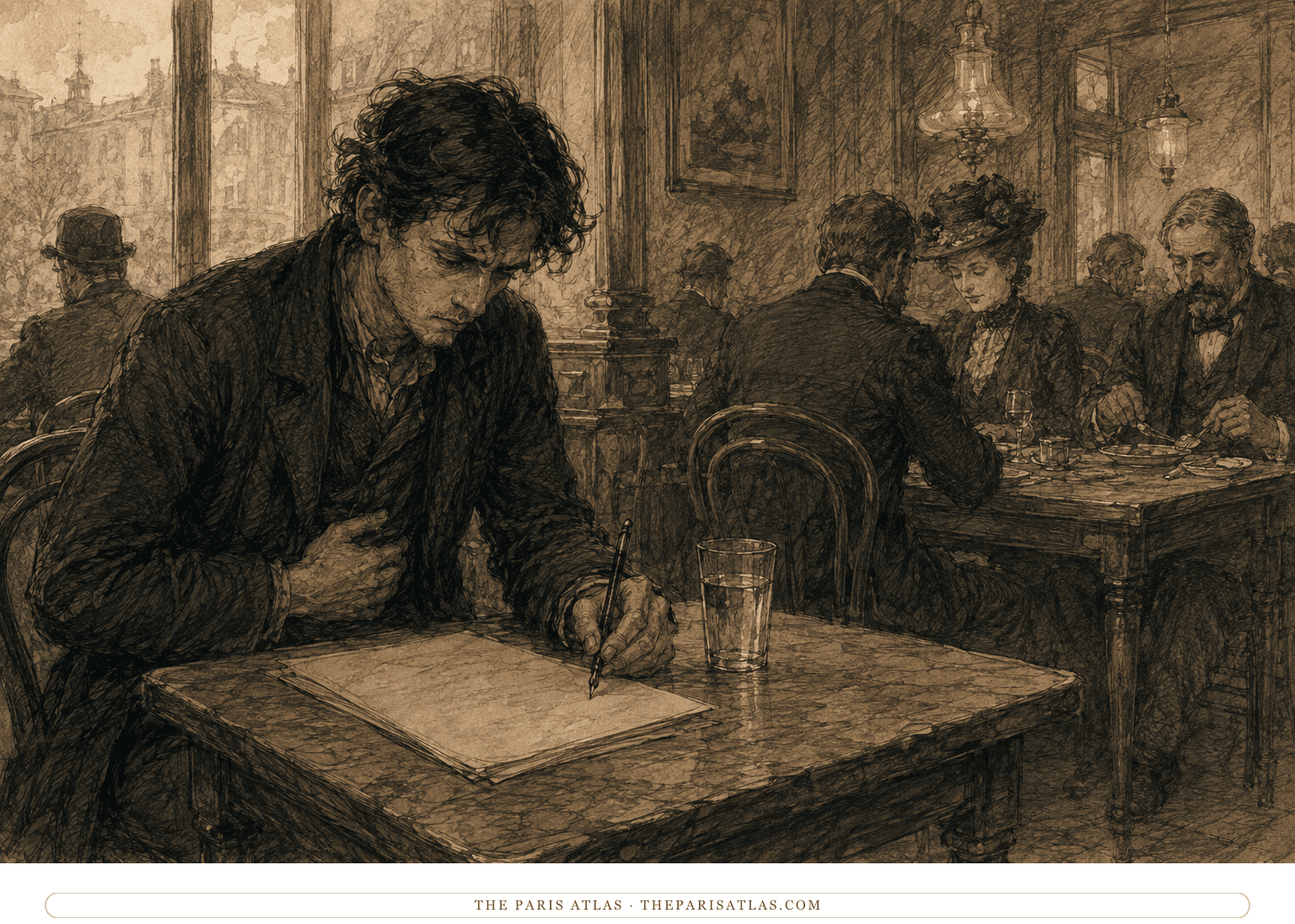 A thin young writer sits over a blank manuscript at a café table with one hand pressed to his stomach and a glass of water beside him