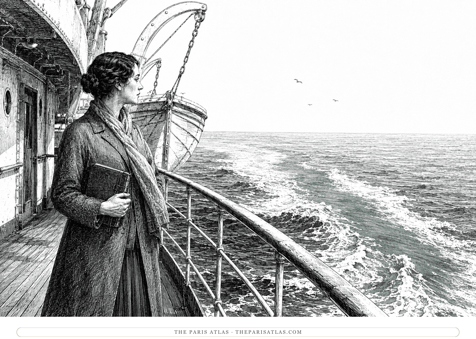 Anaïs Nin holds a closed journal on an ocean-liner deck above a sea-green wake drawn in interlocking ink and paint.