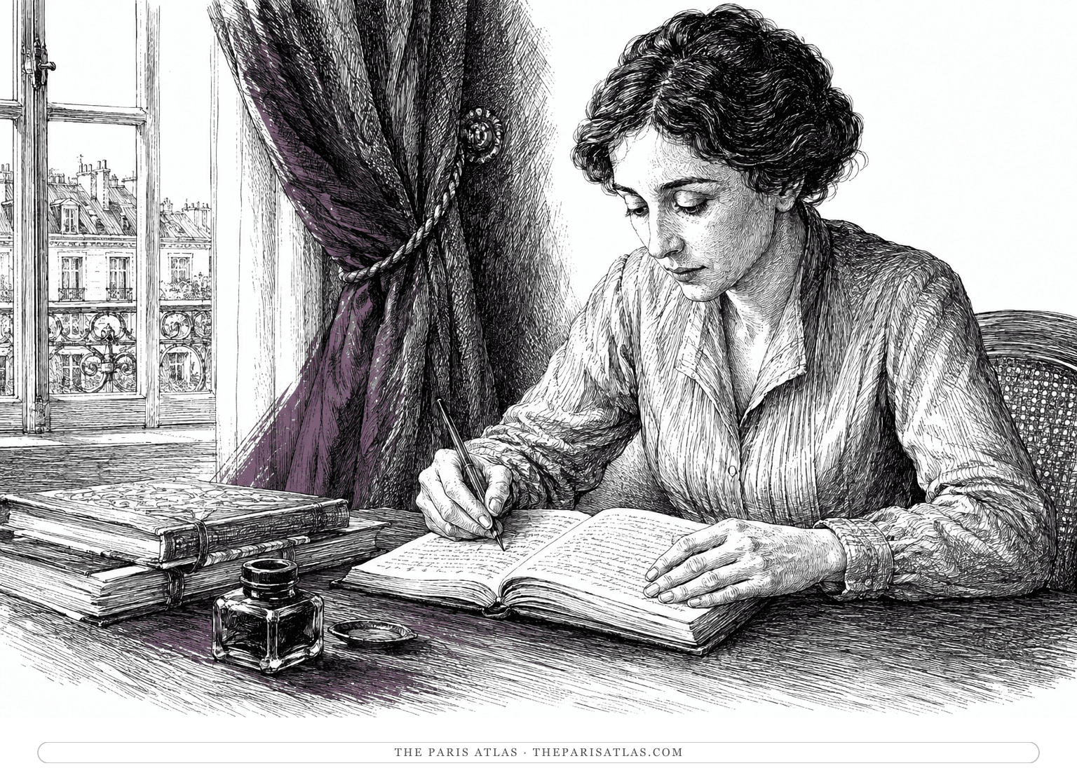 Anaïs Nin writes alone at a small table, with a plum-colored brushstroke following a curtain fold and the desk shadow.