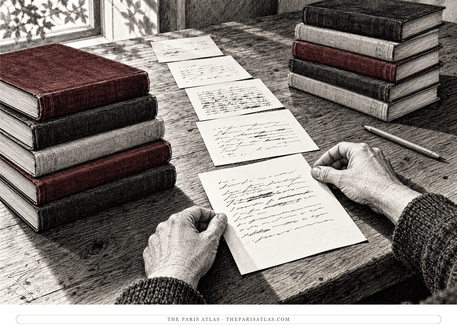 An editor arranges selected pages beside ten source volumes on a sunlit wooden worktable.