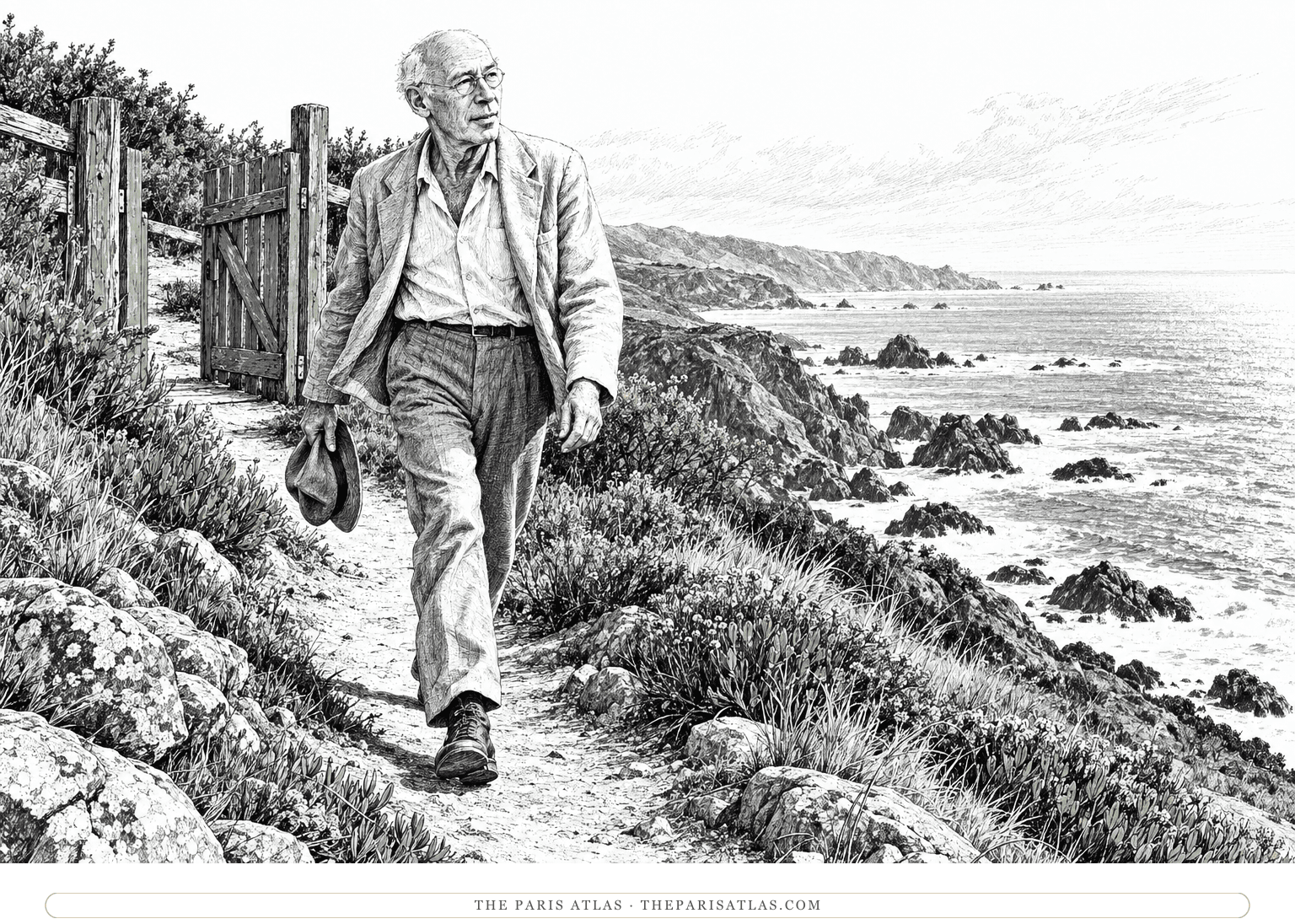 Henry Miller walks along a narrow coastal path, carrying a hat as the ground opens toward the sea.