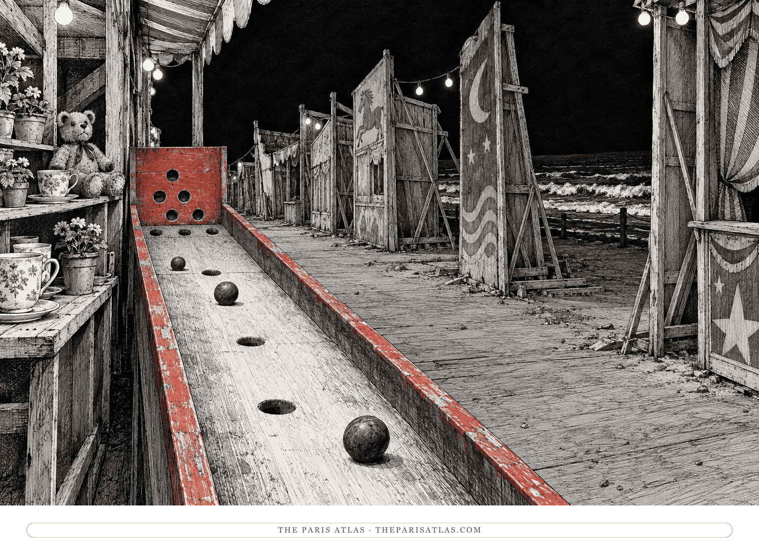 A seaside carnival ball game stands beside an empty, paper-thin street, with the dark ocean beyond.