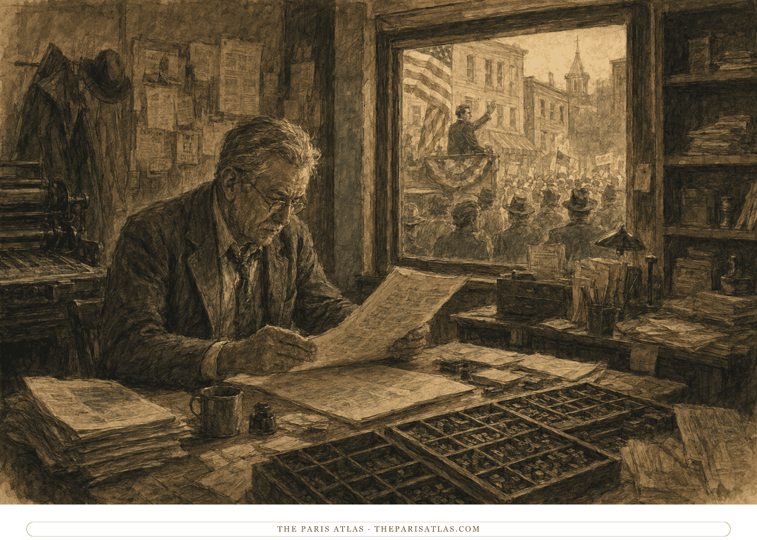 Doremus Jessup works at a crowded small-town newspaper desk as a political rally fills the street outside