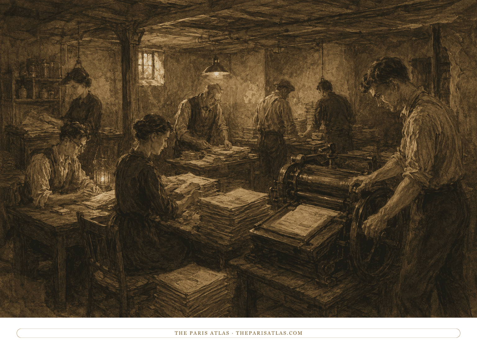 Resistance workers quietly prepare illegal newspapers around a basement printing press