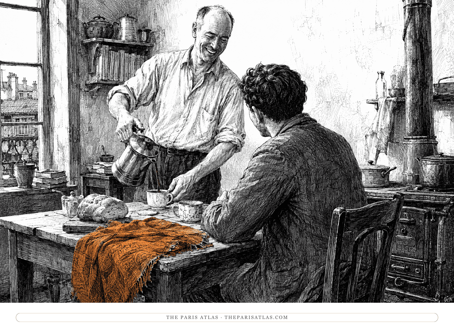 Henry Miller pours coffee for Alfred Perlès in a modest Clichy kitchen; an orange cloth folds over the table edge.