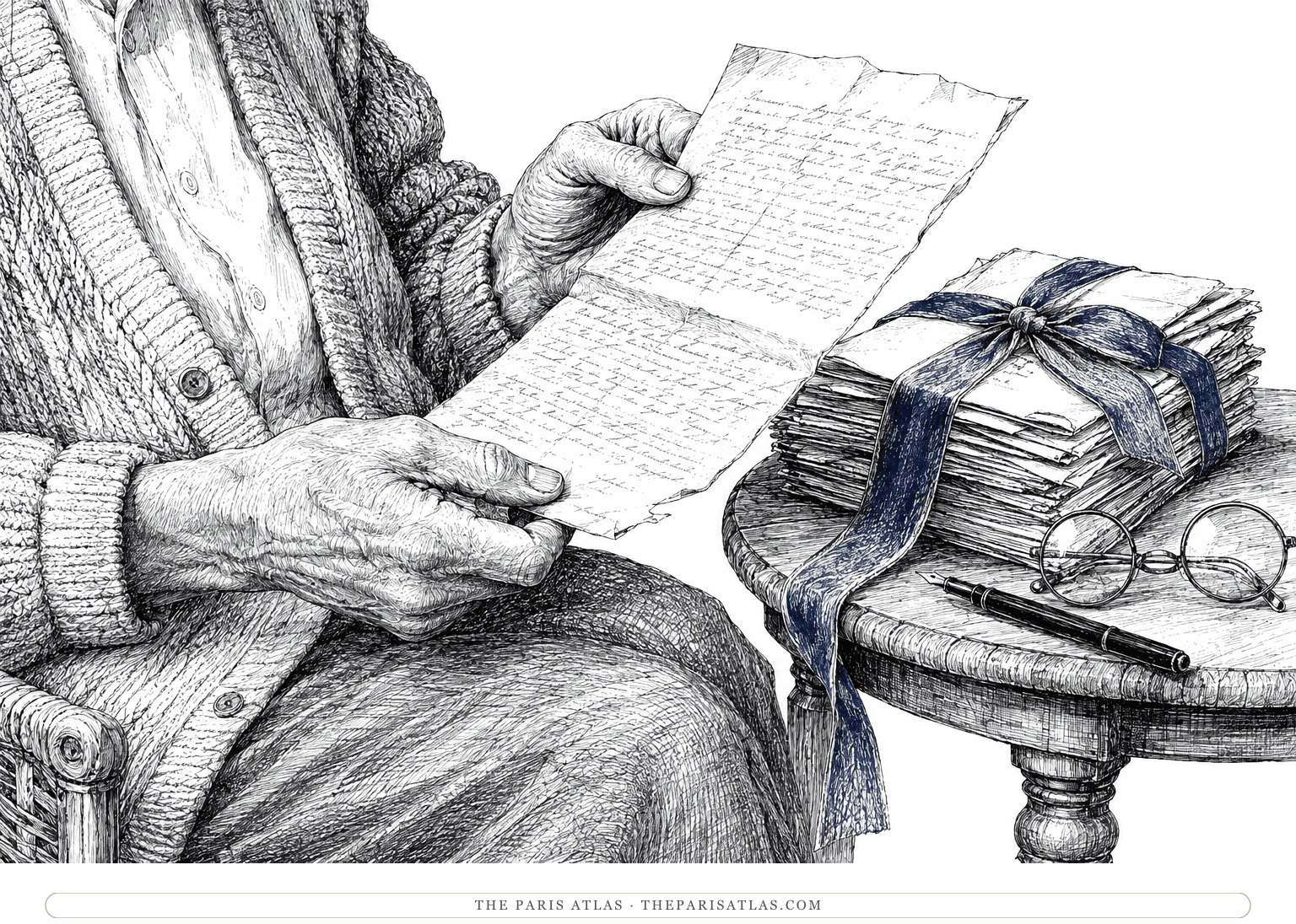 An elderly writer opens a letter beside a packet of envelopes tied with an indigo ribbon.
