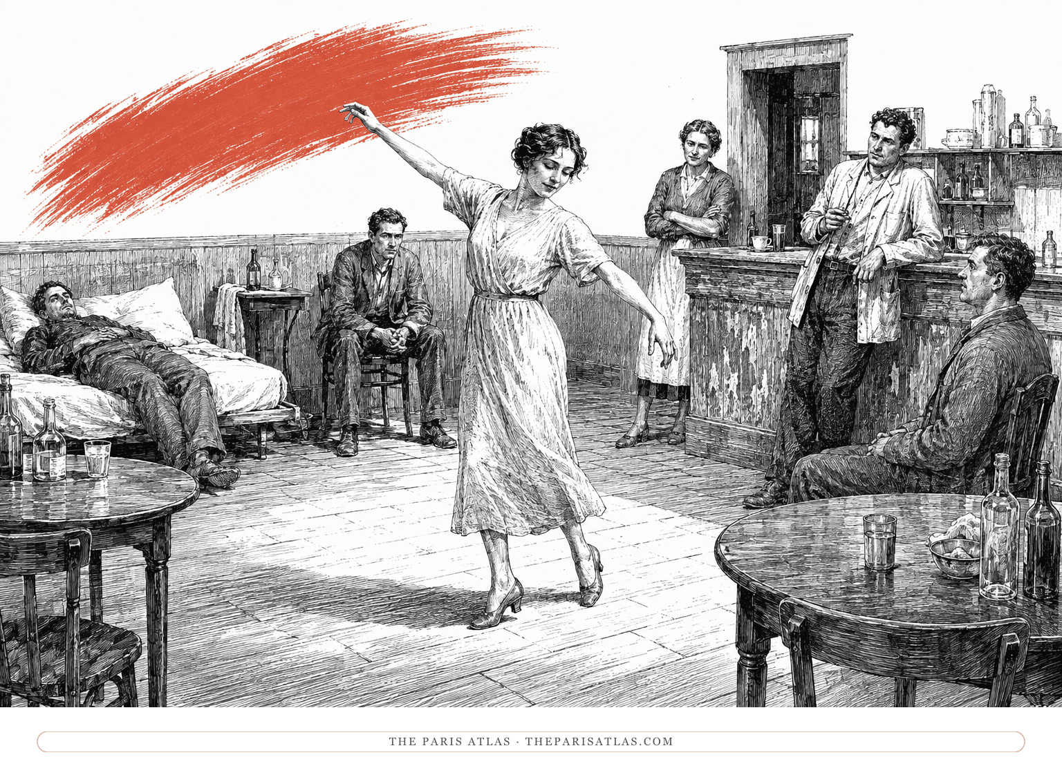 A woman dances in the center of a worn bistro while a doctor, patients, and other adults watch beneath a coral brushstroke.
